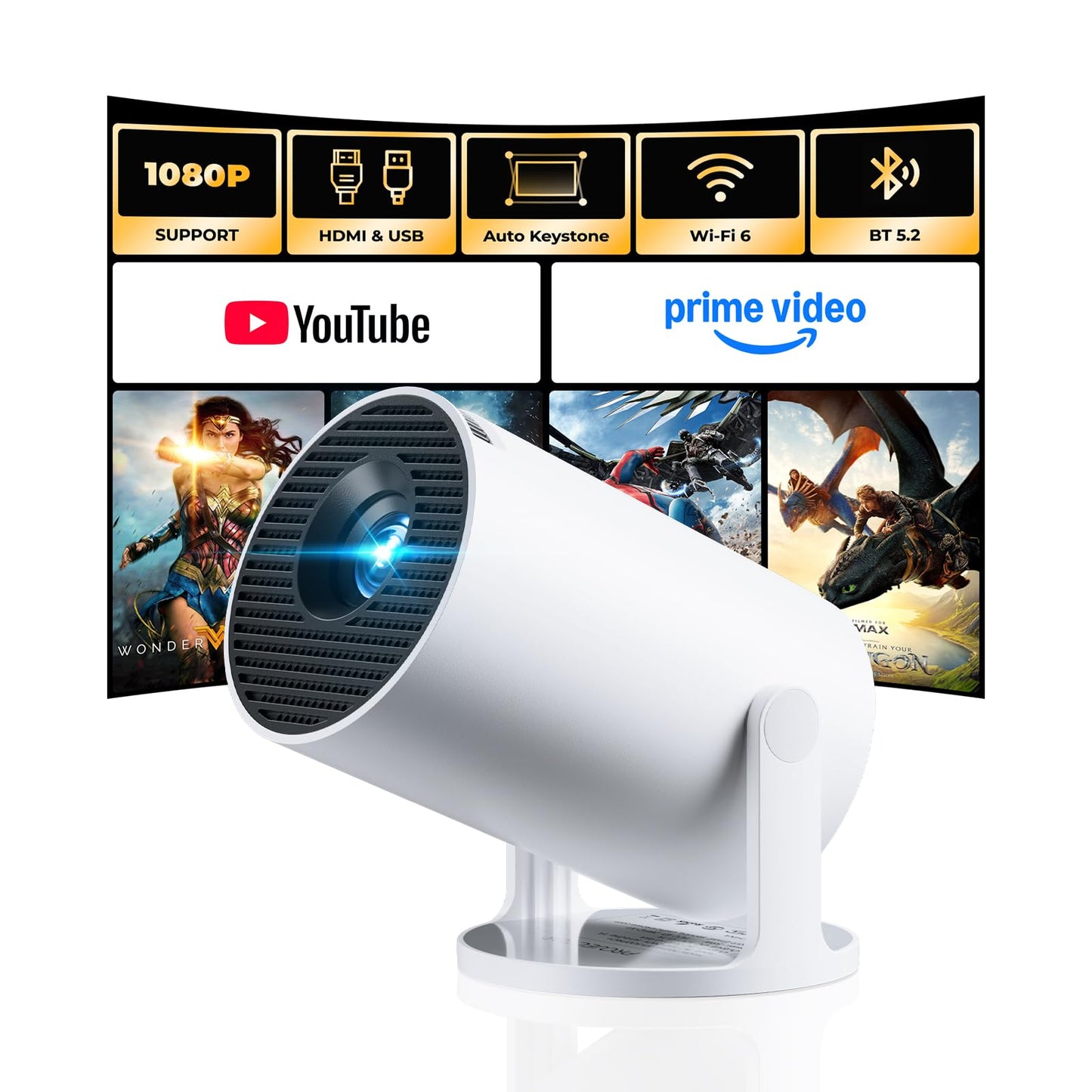 [Built-in Apps] CLOKOWE Mini Projector with WiFi and Bluetooth, 2026 Upgraded 1080P Smart Portable Projector with 180° Rotation, Auto Keystone, Compatible with iPhone/Android/Laptop/TV Stick/HDMI/USB