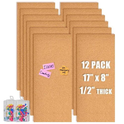 Aitakatta 17x8 Cork Board Tiles Bulletin Board, 1/2" Thick Self-Adhesive Cork Boards for Walls, Cork Tiles Vision Board for Home, Office, School, Bulletin Board Decorations(12mm,12pc)