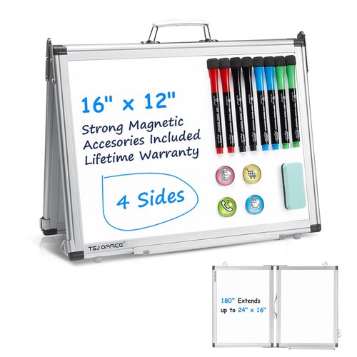 TSJ OFFICE Small White Board - 12 x 16 Inches 4 Sides Portable Whiteboard Mini Foldable Magnetic Desktop Easel for Students, Tabletop Memo with 4 Hooks for Wall Hanging Office, School, Home