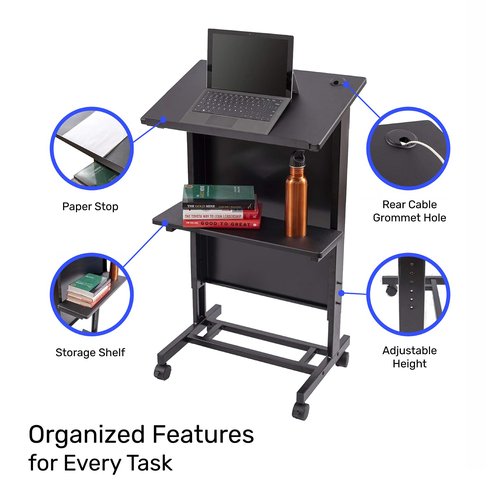 Stand Up Adjustable Height Lectern Podium | Rolling Desk with Storage Shelf | Ergonomic Standing Desk Frame for Office, Classroom, Laptop, Teaching, Presentations & More (Black)