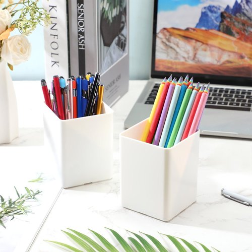 Jutom 8 Pcs White Acrylic Pen Holder for Desk, Pencil Cup Bulk Makeup Brush Storage Organizer, Desktop Pencil Cup Stationery Desktop Stationery Organizer for Office School Home Supplies