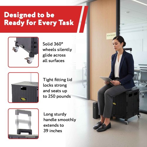 dbest products Quik Cart 360 Rolling Crate with Wheels - Collapsible Utility Cart for Teachers & Home - Heavy Duty Folding Cart with Seat - 80 lb Capacity - Black