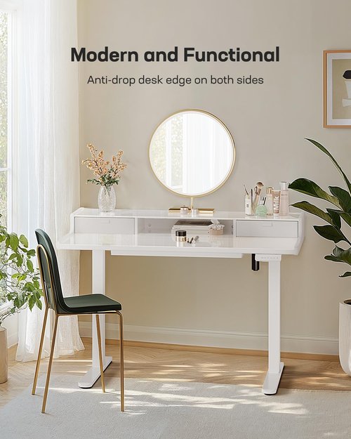 Marsail Glass Electric Standing Desk with Drawers, 48 x 24 Inch Stand Up Desk with Monitor Stand, Height Adjustable Desk with Drawers for Home & Office, 4 Preset Heights, White