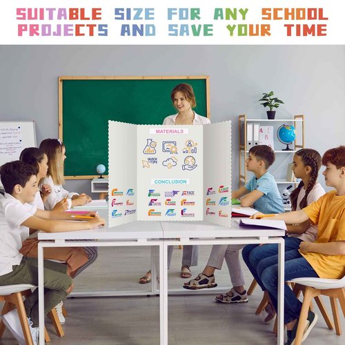 Teling 40 Pcs Trifold Poster Board 36" x 48" Large Science Fair Display Board Lightweight Fold Presentation Paperboard 8 Trifold Display Paperboard and 16 Letter Stickers and 16 Pcs Science Titles