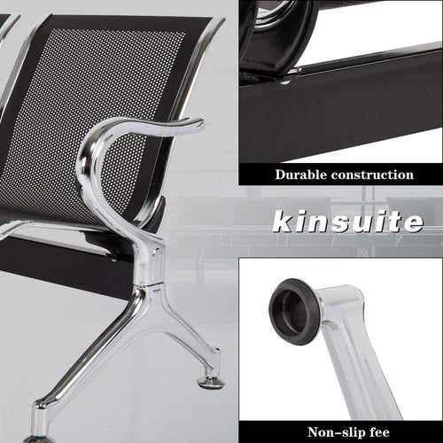 Kinsuite Airport Reception Bench - 2 Seat Guest Chairs with Arms for Office, Bank, Hospital - Black