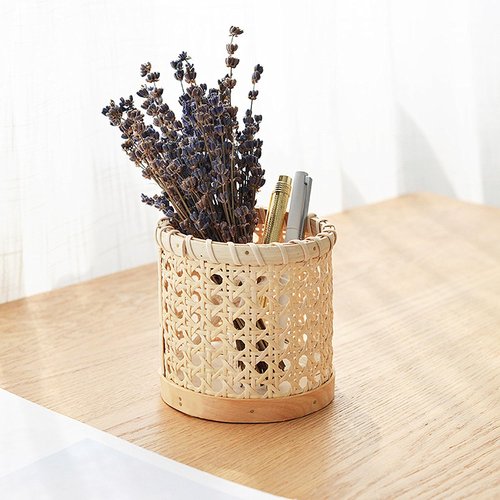QRZLP Rattan Pen Holder, Hand Woven Small Wicker Pen Cup Multi-Functional Woven Desk Organizer for Pencil, Office&Home Sundries, Makeup Brushes.