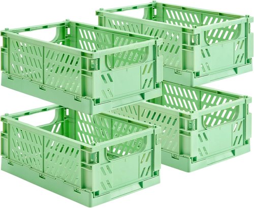HUUSMOT Small Pastel Plastic Storage Baskets - 4-Pack Collapsible Organizing Crates | Space-Saving Mini Bins (Green, 9.8" x 6.5" x 3.8")