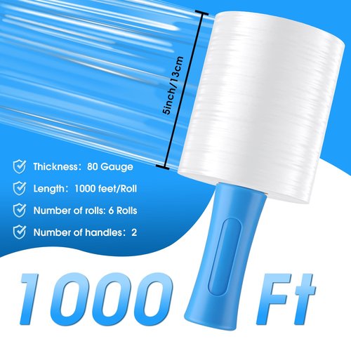 MROCO Stretch Wrap Film 5" x 1000ft with 2 Handles, 6 Rolls 80 Gauge Plastic Shrink Wrap for Moving Furniture & Pallet Wrap, Industrial Mini Clear Heavy Duty Shrink Film Roll for Moving & Storage