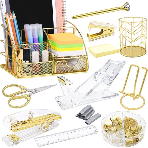 FERXIDI Gold Desk Organizers and Accessories,Office Supplies for Desk,13PS Set with Acrylic Stapler,Tape Dispenser,Staple Remover,Pen Holder,Clips,Scissor, Phone Holder,Pen