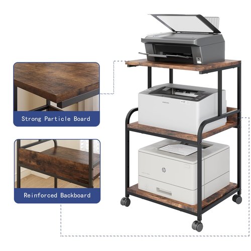 Luwesde 3 Tier Rolling Printer Cart with Wheels, Rustic Brown, Adjustable, Compatible with Printers, Fax Machines, Home Office, Kitchen, Living Room, Bedroom Storage Shelves