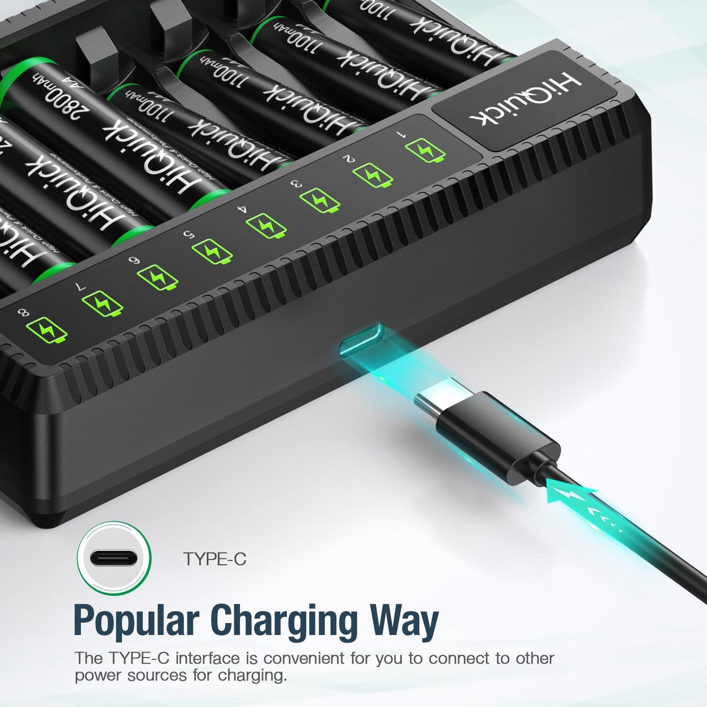HiQuick 8-Bay Smart Battery Charger with 16 Pack 2800mAh AA Rechargeable Batteries, Universal Charger for AA/AAA Ni-MH Batteries