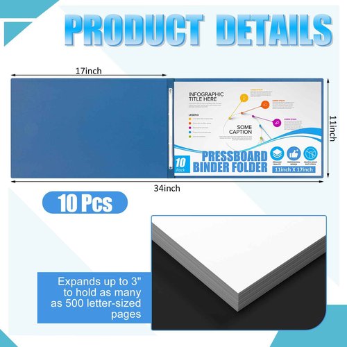 Resurhang 10 Pcs Pressboard Report Cover, 3" Capacity Presentation Binder Folder with Metal Prong Paper Fastener to Neatly Bind Reports Proposals Transcripts, Other Documents (11x17 Inch,Navy Blue)