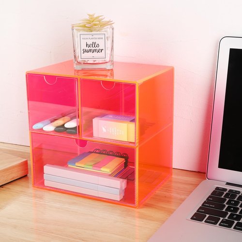 Gelite Desk Organizer with 3 Storage Drawers for Makeup Office Acrylic Desktop Drawer Organizer for Vanity Office Organization and Storage Box, Neon Pink