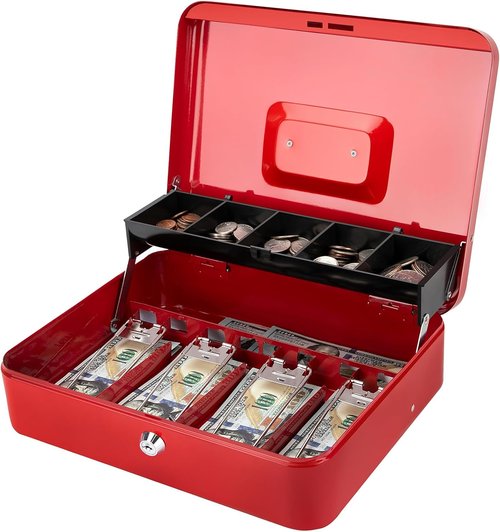 Jssmst Cash Box - Secure Red Money Tray with Key Lock | Large 11.8'' x 9.5'' x 3.5'' Safe Drawer