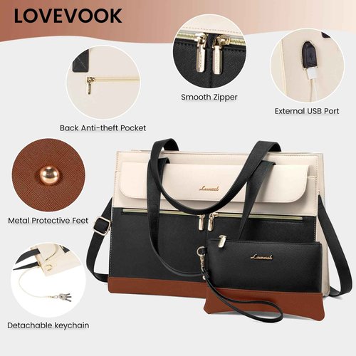 LOVEVOOK Laptop Bag for Women 17.3 Inch Laptop Tote Work Bags Professional Leather Computer Briefcase Waterproof Handbag Shoulder Large Capacity Business Teacher Office Crossbody Purse