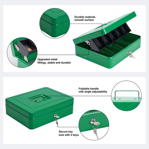 Sgorlds Large Locking Cash Box with Key Lock and Money Tray, Money Box with Cash Tray, Lock Safe Box for Office Business, 11.8" x 9.5" x 3.5" Green