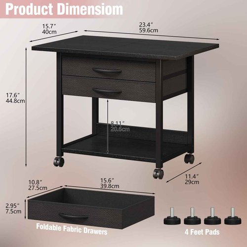 VENNQD Large Printer Stand with Storage Fabric Drawer Under Desk Printer Table with Wheels for Home Office, Printer Cart fit Fax Machine Scanner 23.4"x15.7" (Black, 2 Tiers)