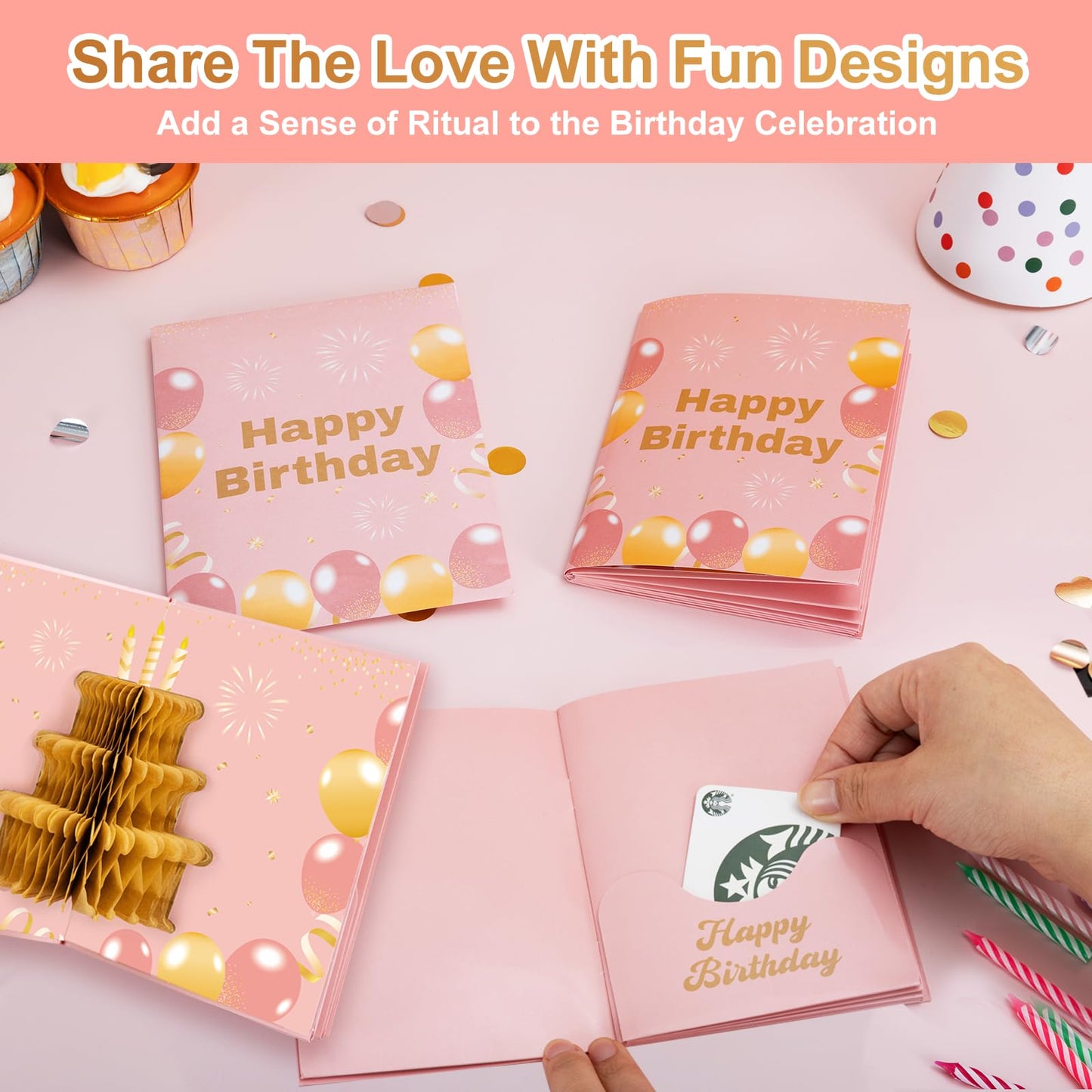 6 Slots 3D Happy Birthday Gift Card Booklet with Envelopes 3D Honeycomb Birthday Money Holder for Cash Gifts Surprise Money Card Sleeves Book Money Gift Ideas for Teacher Employee Friends (Pink)