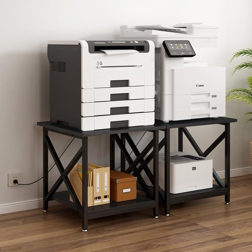 METYERRY Large Printer Stand with Power Outlet, with Storage Shelf, 2 Tier Rolling Printer Cart with Industrial Wheels, 23.6 x 23.6 Inches Printer Table for Home Office,Black