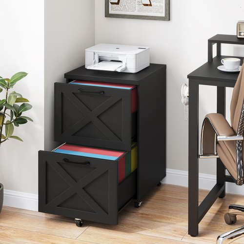 2 Drawer Small File Cabinet with Wheels, Farmhouse Vertical Filing Cabinet Fits A4 or Letter Size, Under Desk Rolling File Cabinets for Home Office, Wooden Printer Stand, Black