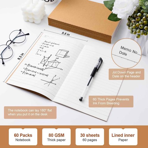 YGPHO 60 Pack Lined Kraft Notebooks Bulk, A5 Blank Paper Journal Notebooks for Office Work, 8.3x5.5inch Kraft Composition Notebook for School Student, 60 Pages