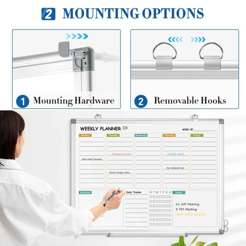 WALGLASS Weekly Dry Erase Calendar Whiteboard for Wall, 24" x 18" Double-Sided Weekly Planner White Board with Notes, Daily Tracker, Aluminum Framed Hanging & Wall Mount for Home, Office, School