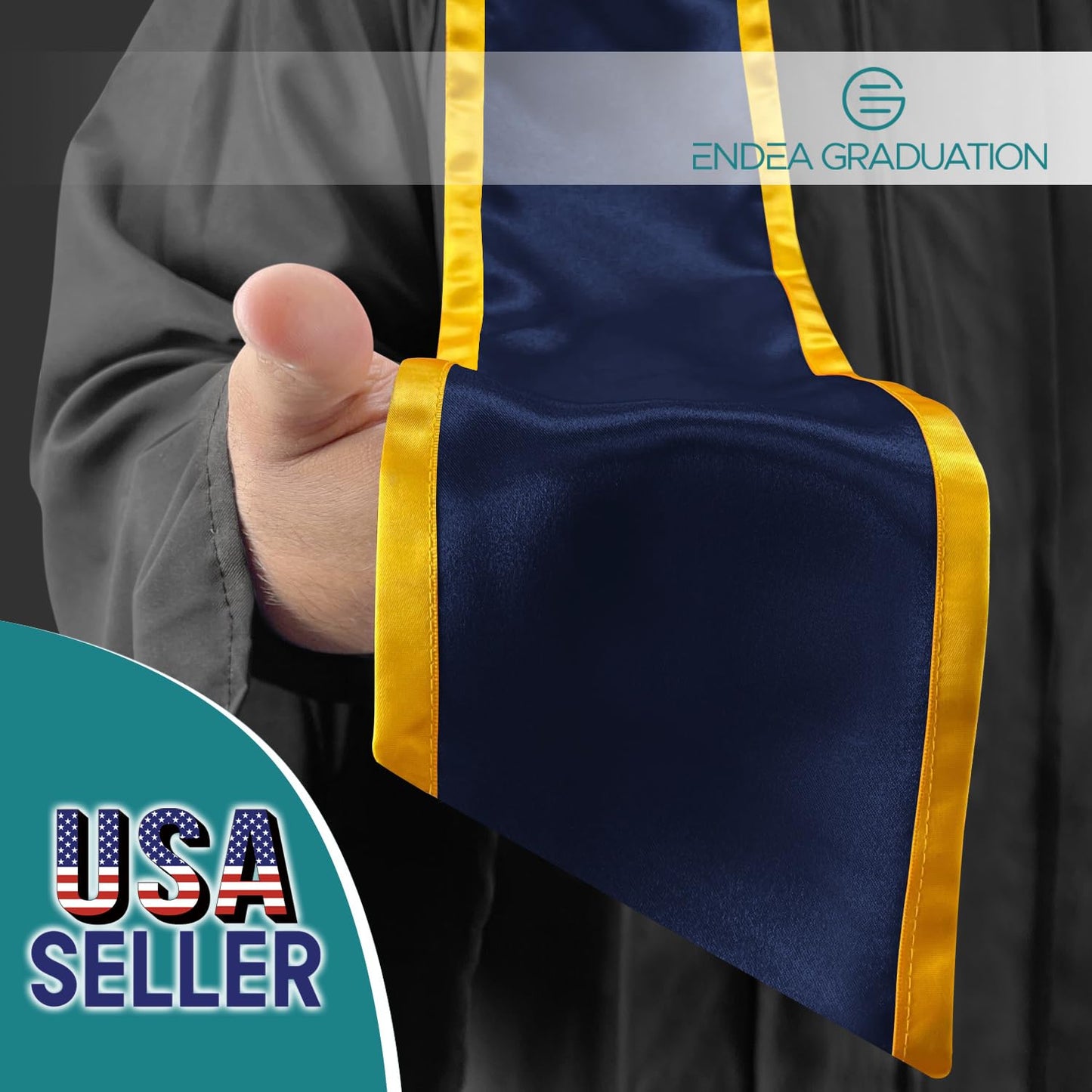 Endea Graduation Plain Honor Stole With Trim Color & Angled End Adult Unisex 72" (Navy Blue/Gold)