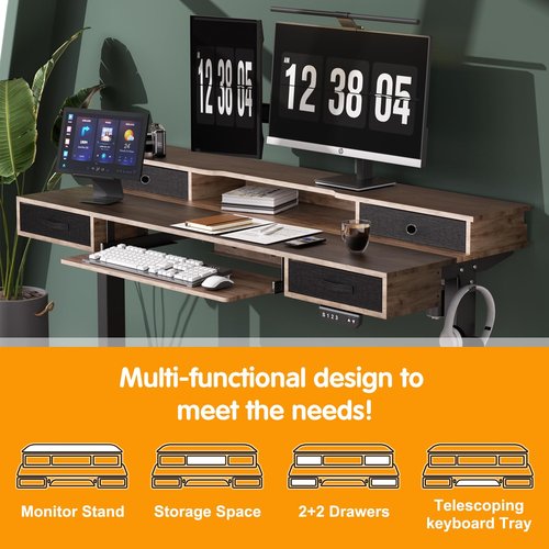 REGISDESK Electric Standing Desk, 55" Standing Desk Adjustable Height, Adjustable Desk with 4 Drawers, Ergonomic Adjustable Sit Stand Desk with Keyboard Tray, Rustic Brown