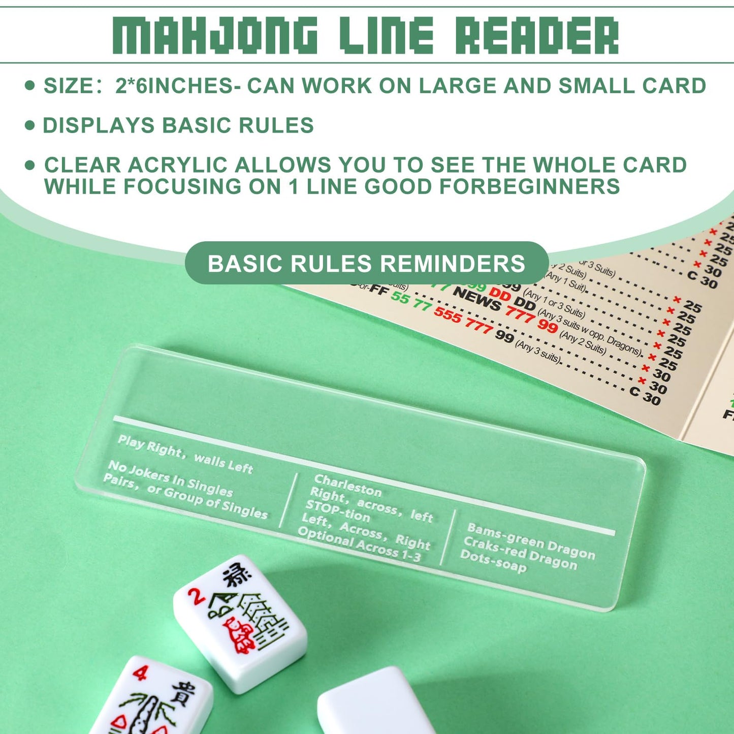 JolliLudo 4 Pcs Mahjong Line Reader with Rules Reminder Mahjong Gifts Line Reader Finder Guide Rule Helper Acrylic Clear Card Tool 2 x 6 for American Mahjjong Accessory(Transparent,Straight Edge)