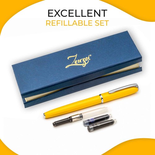 ZenZoi Yellow Fountain Pen - Beautiful Writing Instrument for Women, Men. Smooth Schmidt Fine Nib. Luxury Gift Set, Converter, 2 Ink Refills. Nice, Refillable, Professional, Journaling