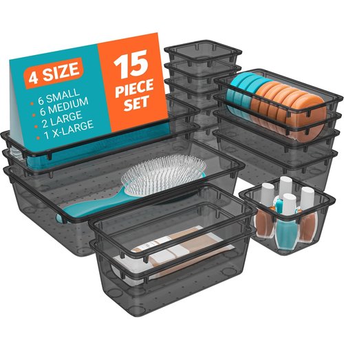 SpaceHacks 15 PCS Clear Plastic Drawer Organizer Set, 4-Size Acrylic Drawer Storage Trays, Storage Bins for Makeup, Gadgets, and Jewelry in Bathroom, Bedroom and Office, Clear Black