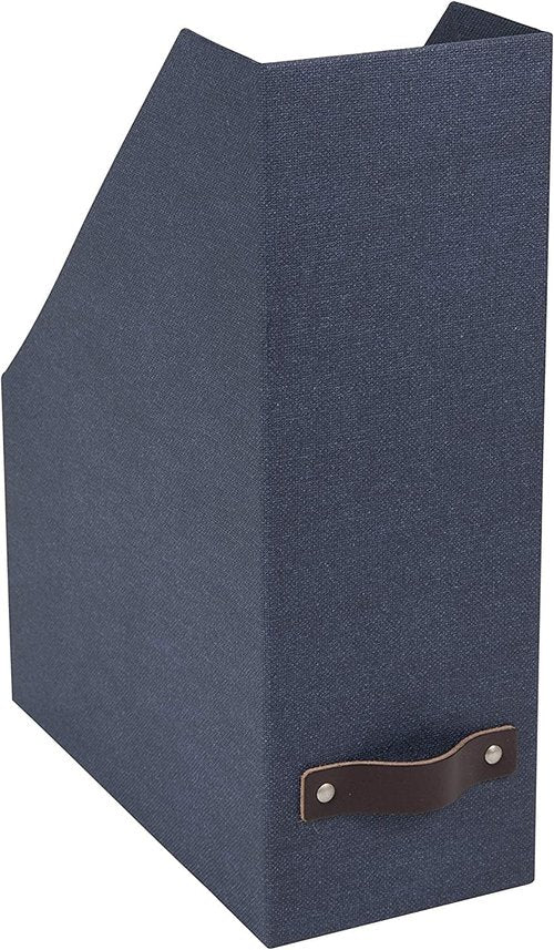 Bigso Box of Sweden Estelle Canvas Fiberboard Upright Magazine Holder and Organizer for Papers and Catalogs with Leather Handle - Magazine File Holder for Office Desks - 12.6in x 4.5in x 9.8in - Blue