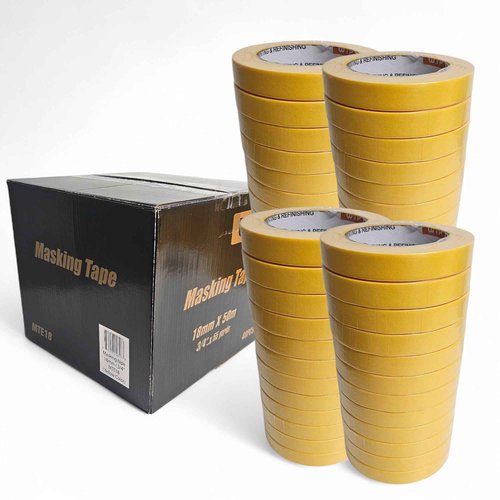 WTP TOOLS MTE18-48 Automotive Industry Masking Tape for Painting and Refinishing, Yellow Color, 3/4" Width, 55 Yards Length (18mm x 50m), Box of 48pcs - High Temperature Resistant - No Residue