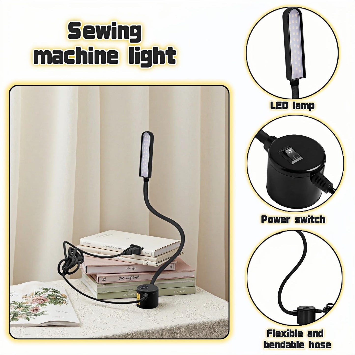 yayaboqu 30 LED Sewing Machine Light with Flexible Silicone Neck, Magnetic Base Work Lamp for Sewing Machines, Drill Press, Desk, Music Stand, Crafts, Workbench, Non-Flicker, Eye-Caring Design