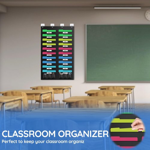 ZKOO 20 Pockets Hanging Wall File Organizer for A4 Size Paper/Legal/Letter Size Document, Sturdy Wall Mail Organizer Black Pocket Great for Classroom, Office, Home Use with 4 Hangers 6 Pen Pocket