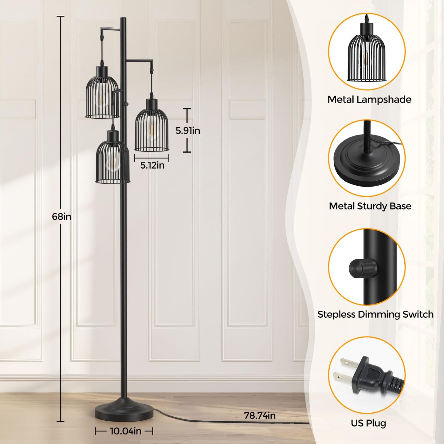 CNXIN Stepless Dimmable Floor Lamps with Hanging Lampshades 3 Lights Boho Floor Lamps with 3 PCS 6W Bulbs Tree Standing Lamp Tall Pole Lamp for Living Room Bedroom Office, Black