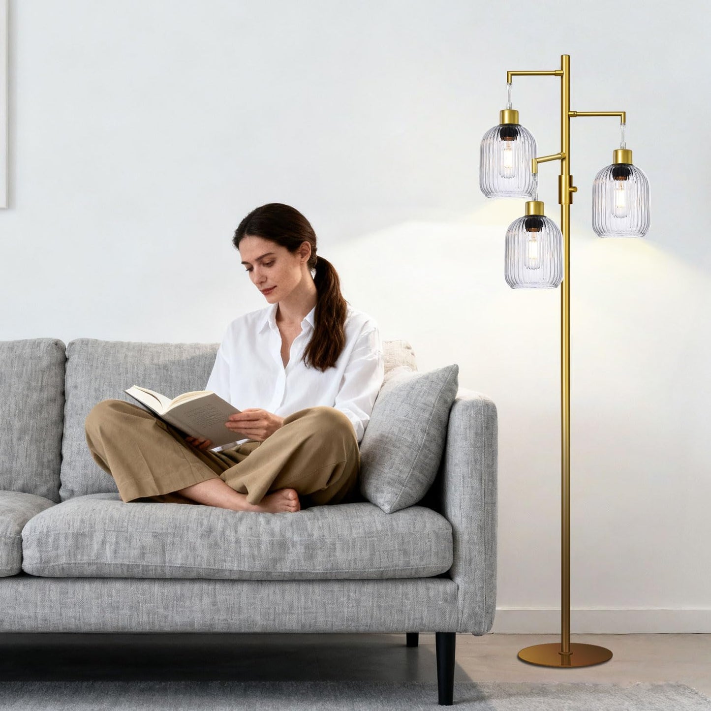LVYE Modern Standing Lamps for Living Room, Floor Lamp with Clear Ribbed Glass Shade, Dimmable Tree Lamp Standing Lamp, Mid Century Tall Lamps with 3×600LM LED Bulbs