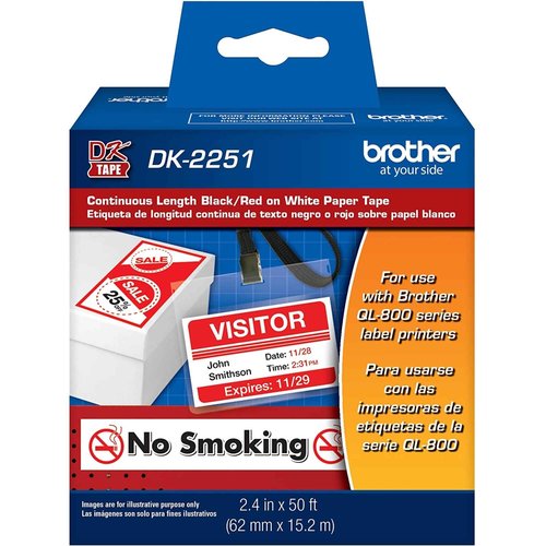Brother Genuine DK-2251 Continuous Length Replacement Labels, Black/Red Label on White Paper Tape, Engineered with Excellence, 2.4” x 50 feet, 1 Roll per Box