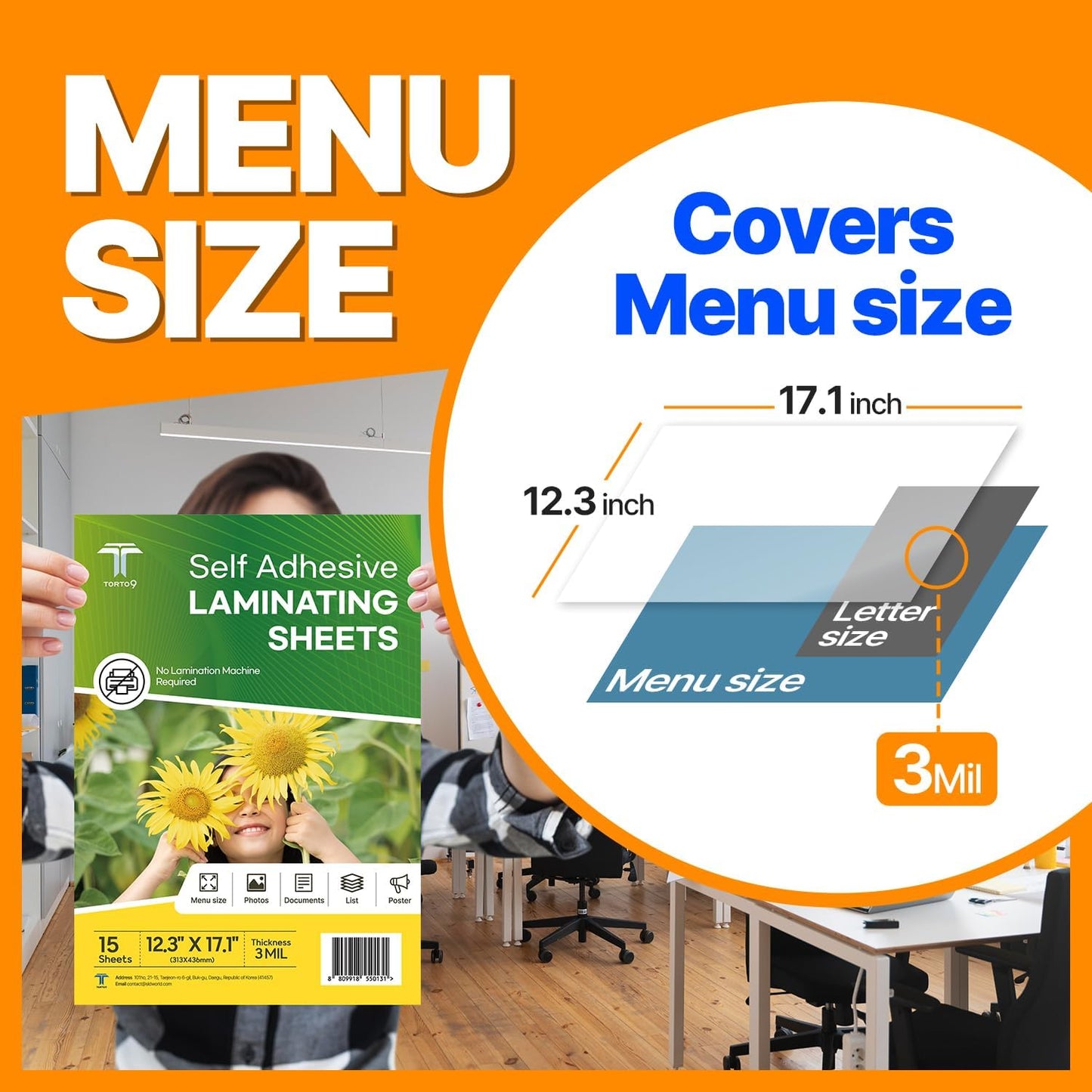 T TORTO9 Peel & Stick Laminating Sheets - 15 Clear Adhesive Sheets, 3mil Thickness, No Heat Required