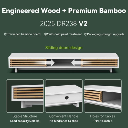 WELL WENG Dual Monitor Stand Riser with Sliding Door, Double Computer Laptop Stand Desk Shelf Organizer with Storage (White + Natural Bamboo, 38 Inch)