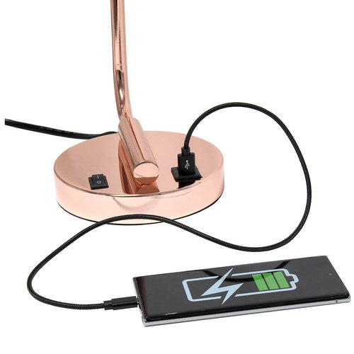 Simple Designs LD1066-RGD-LB Industrial Vintage Bronson Iron Lantern Desk Table Lamp with USB Port and Glass Cylinder Shade for Office, Living Room, Bedroom, Rose Gold, with Feit LED Bulb Included