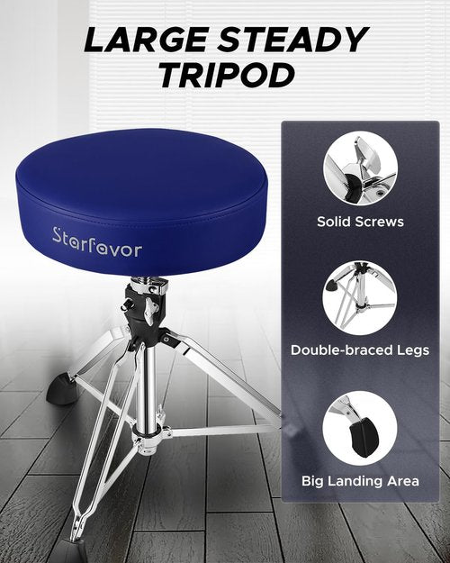 Starfavor Drum Throne Adjustable, Drum Stool Padded Drum Seat, Rotatable Drum Chair with Double Braced Anti-Slip Feet, Crimson Color, Blue, ST-650 Stone