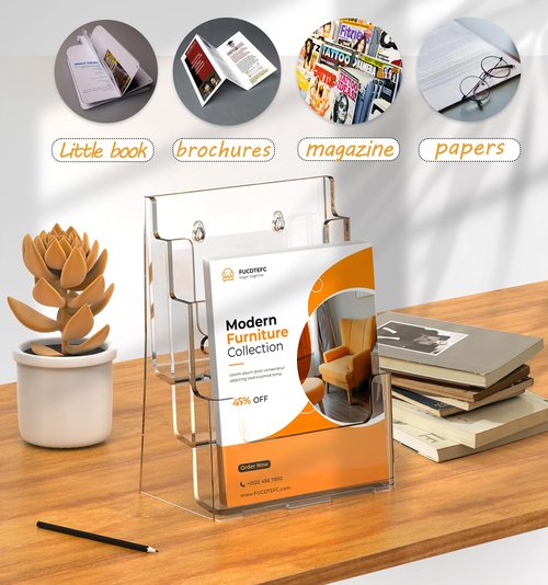 FUCDTEFC Acrylic Brochure Holder 8.5x11, Clear 3 Tier Magazine Holder Brochure Display Stand With Removable Divider for 4 x9 Inch Literature Pamphlet Flyer Holder for Wall Mount or Countertop