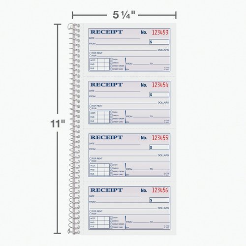 Adams Money and Rent Receipt Book - 2-Part Carbonless, 5-1/4" X 11" - Spiral Bound, 4 Receipts Per Page, 300 Sets per Book, 3 Pack