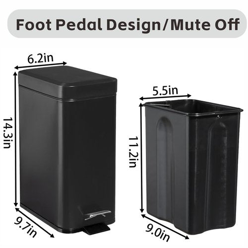 Step Pedal Small Bathroom Trash Can With Lid,12 Liter / 3.17 Gallon Stainless Steel Bathroom Garbage Can,Mini Rectangle Trashcans for Bedroom,Toilet,Living Room and Office Covered Waste Basket,Black