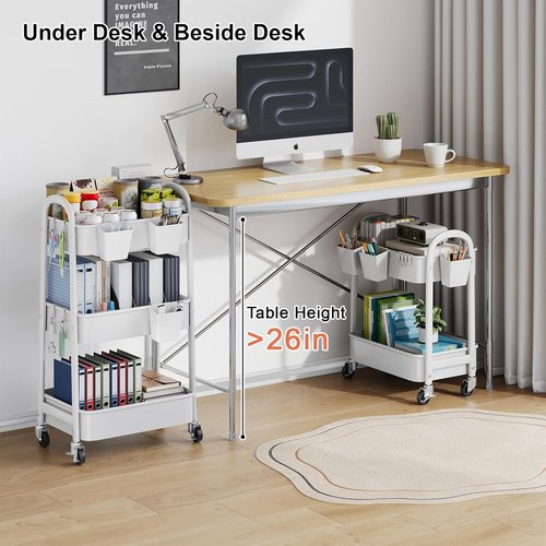 Skiennix 2-Tier Rolling Cart - Metal Utility Organizer with Wheels for Easy Storage | White