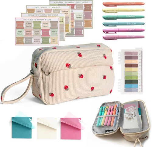 Regine Switzerland Bible Study Journaling Kit for Women - No Bleed Highlighters, Tabs & Pen Case - Ideal Starter Gift for Daily Devotion (Beige Strawberry)