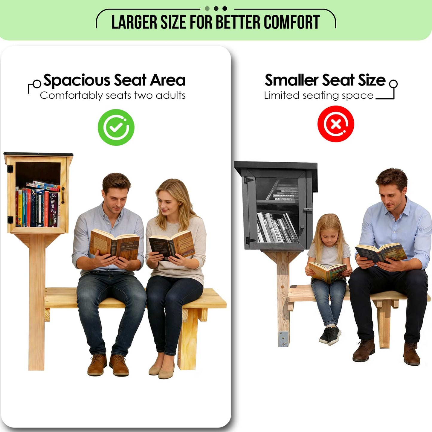 Little Library Box Outdoor Bench, Large 39.4"x13.8" Add-On Bench with Ground Anchor, Waterproof Solid Wood Seat, Durable & Stable Seating for Two Adults, Ideal for Neighborhoods, Communities & Schools
