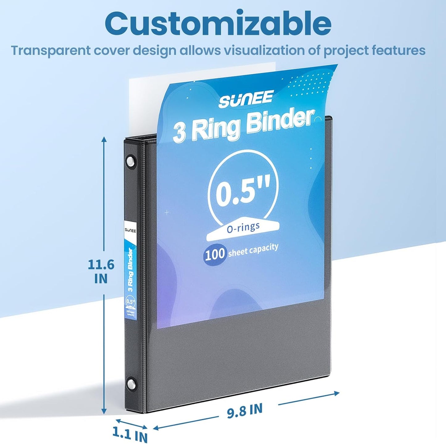 SUNEE 3 Ring Binders - PVC-Free Clear View Design | 1/2 Inch, 12 Pack for School & Office - Black