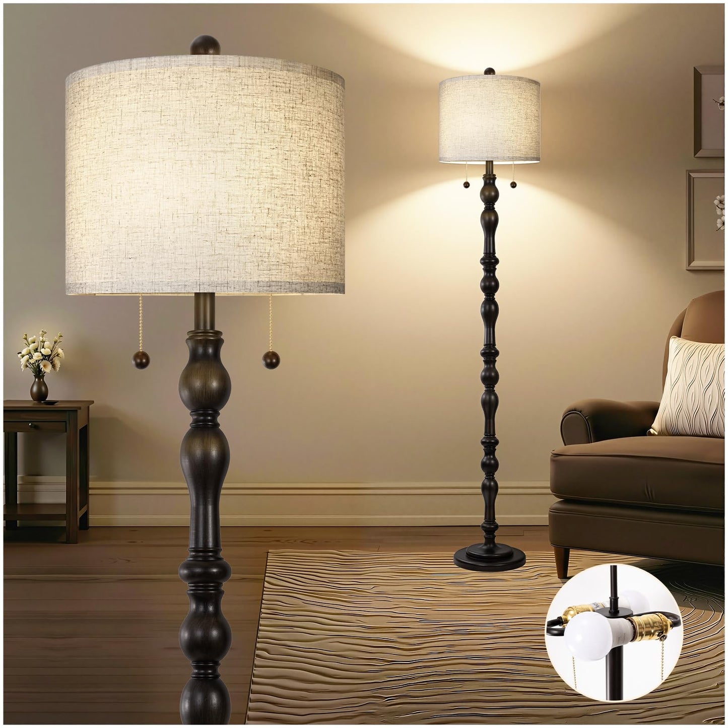 Scenekoy 65.5 Natural Real Wood Rustic Floor Lamp for Living Room Bedroom, Dual Pull Chains Switch, Wooden Base, Retro Farmhouse Tall Standing Lamp with Linen Shade for Living Room Office Home Room